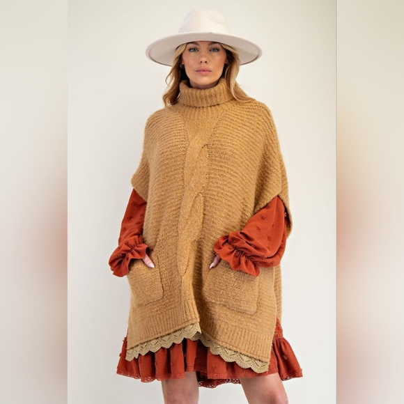 easel Sweaters - 10-1128 *boutique* Boho Lace Bottom Layered Largenlook Warm Poncho Sweater